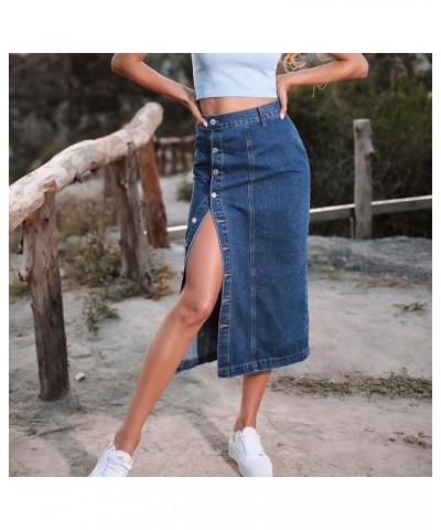 Women's Retro Exposure Button/Zipper-Fly Full Length A-Line Fishtail Maxi Long Washed Denim Jean Skirt Split Hem Skirts Y4-na...