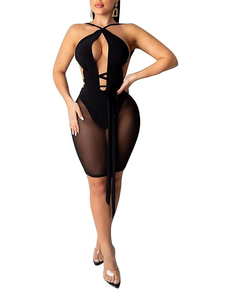 Women Sheer Mesh Bodycon Dress - Sexy Bandage Halter Backless See Through Mini Club Dresses Black $10.19 Dresses