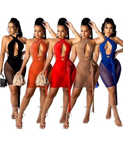 Women Sheer Mesh Bodycon Dress - Sexy Bandage Halter Backless See Through Mini Club Dresses Black $10.19 Dresses