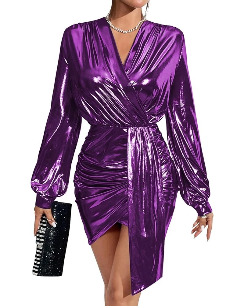 Women's Velvet Sexy V Neck Wrap Ruched Bodycon Sparkly Long Sleeve Mini Dresses A Purple $18.89 Dresses
