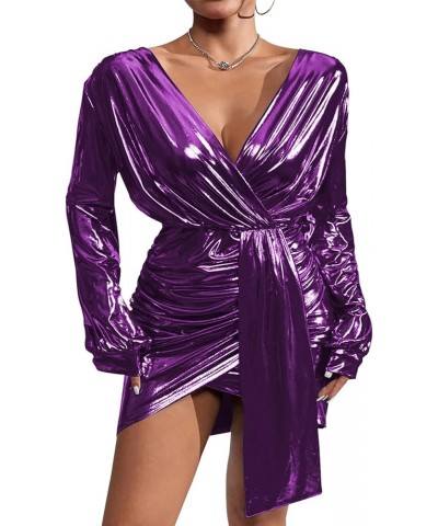 Women's Velvet Sexy V Neck Wrap Ruched Bodycon Sparkly Long Sleeve Mini Dresses A Purple $18.89 Dresses