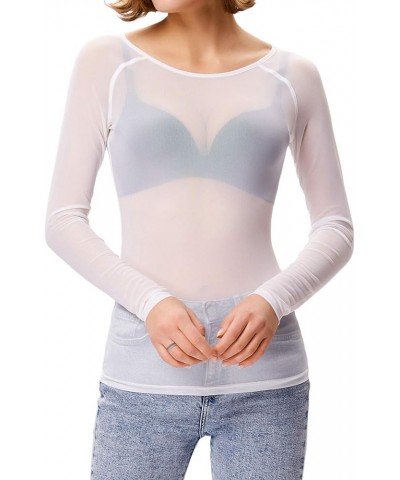 Women's Long Sleeve See Through Mesh Sheer Top Blouse Shirt White $12.00 Blouses