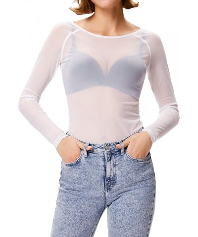 Women's Long Sleeve See Through Mesh Sheer Top Blouse Shirt White $12.00 Blouses