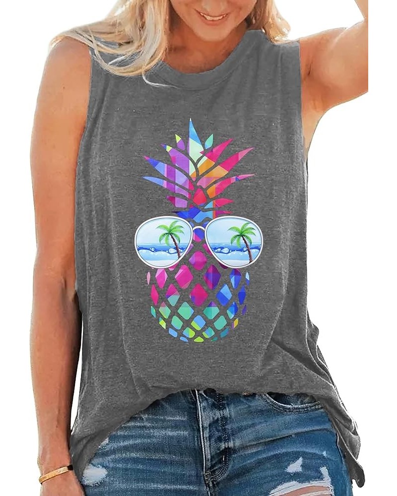 Vintage Colorful Beaches Pineapple Tank Tops Summer Women Sleeveles Shirt Funny Graphic Tee Grey2 $14.15 Tanks