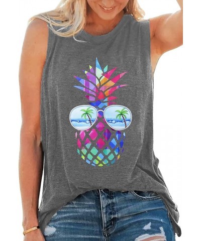 Vintage Colorful Beaches Pineapple Tank Tops Summer Women Sleeveles Shirt Funny Graphic Tee Grey2 $14.15 Tanks