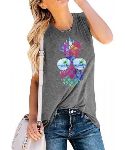 Vintage Colorful Beaches Pineapple Tank Tops Summer Women Sleeveles Shirt Funny Graphic Tee Grey2 $14.15 Tanks