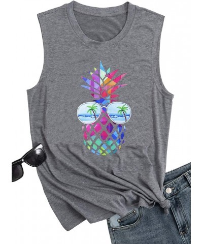 Vintage Colorful Beaches Pineapple Tank Tops Summer Women Sleeveles Shirt Funny Graphic Tee Grey2 $14.15 Tanks