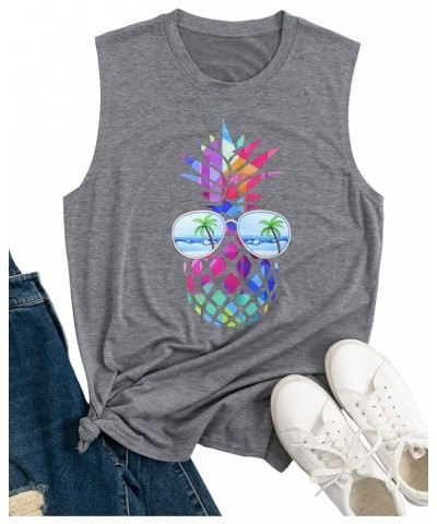 Vintage Colorful Beaches Pineapple Tank Tops Summer Women Sleeveles Shirt Funny Graphic Tee Grey2 $14.15 Tanks