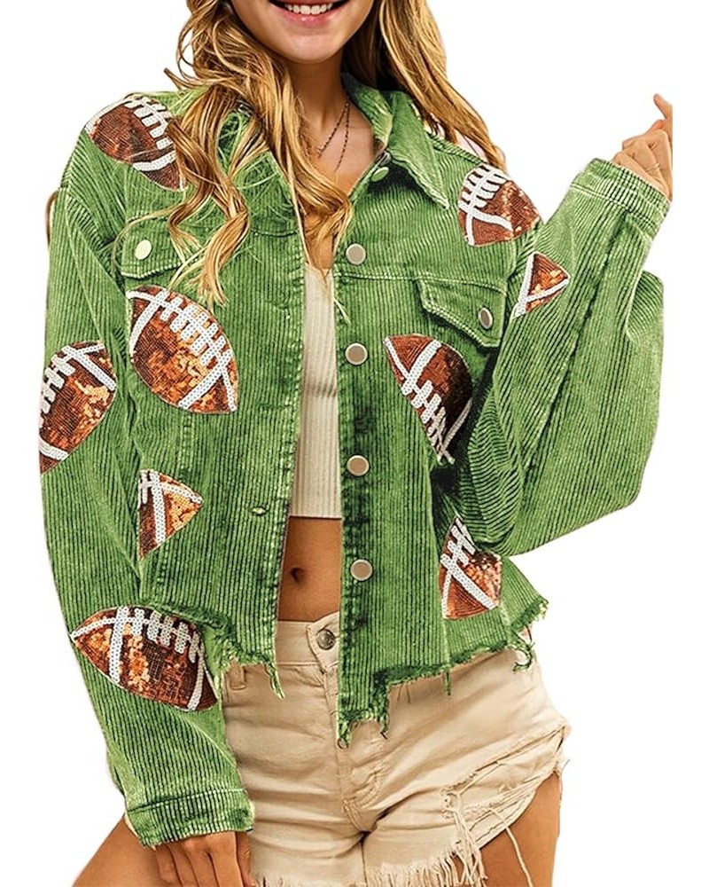 Women's Cropped Corduroy Jacket Game Day Fringe Rugby Sequin Patched Distressed Vintage Button Down Jacket Coat Green $21.45 ...