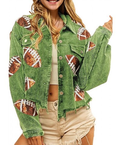 Women's Cropped Corduroy Jacket Game Day Fringe Rugby Sequin Patched Distressed Vintage Button Down Jacket Coat Green $21.45 ...