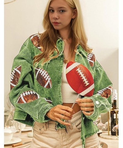 Women's Cropped Corduroy Jacket Game Day Fringe Rugby Sequin Patched Distressed Vintage Button Down Jacket Coat Green $21.45 ...