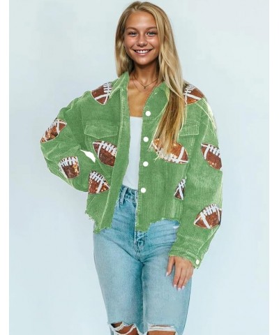 Women's Cropped Corduroy Jacket Game Day Fringe Rugby Sequin Patched Distressed Vintage Button Down Jacket Coat Green $21.45 ...