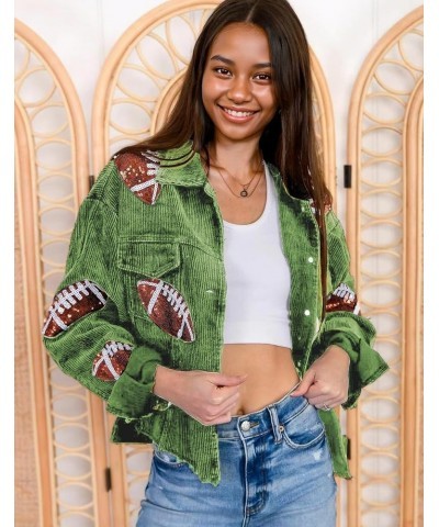 Women's Cropped Corduroy Jacket Game Day Fringe Rugby Sequin Patched Distressed Vintage Button Down Jacket Coat Green $21.45 ...