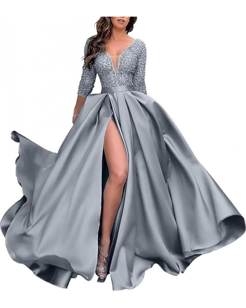 Satin Prom Dresses Long A Line Ball Gowns with Slit Sequin Evening Formal Dresses for Women Backless 2024 Grey $41.24 Others