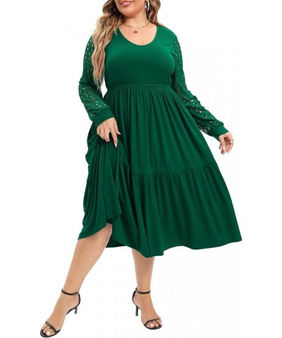 Womens Plus Size Dresses Long Lace Sleeve Empire Waist Swing Flowy A-line Midi Dress Blackish Green $17.86 Dresses