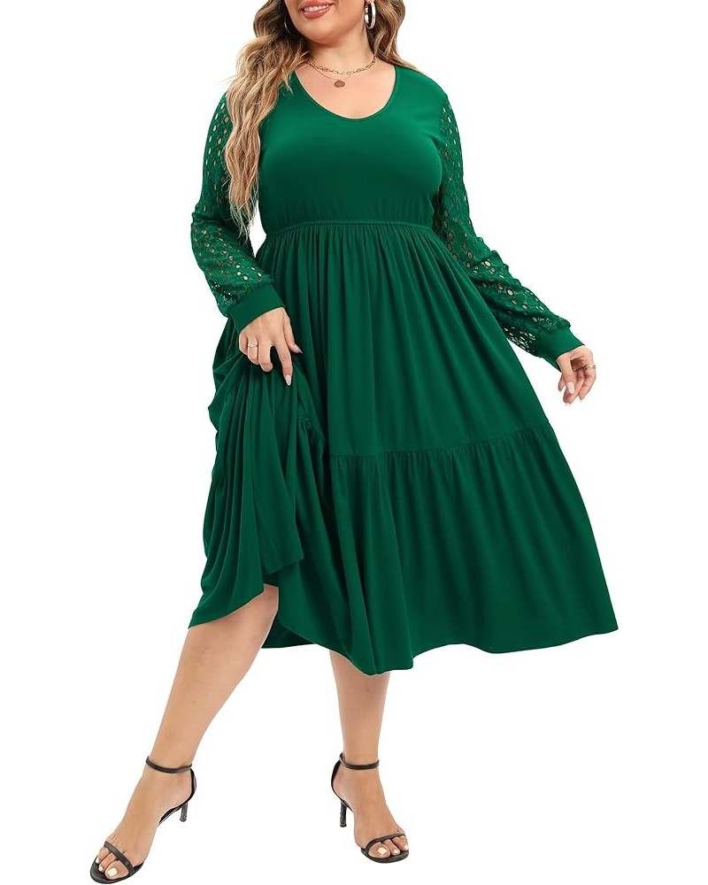 Womens Plus Size Dresses Long Lace Sleeve Empire Waist Swing Flowy A-line Midi Dress Blackish Green $17.86 Dresses