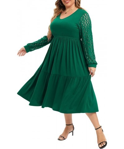 Womens Plus Size Dresses Long Lace Sleeve Empire Waist Swing Flowy A-line Midi Dress Blackish Green $17.86 Dresses