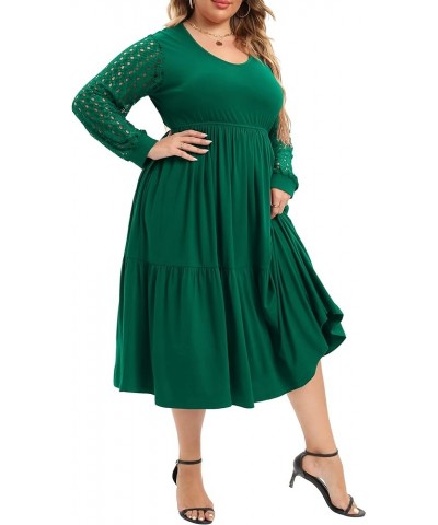 Womens Plus Size Dresses Long Lace Sleeve Empire Waist Swing Flowy A-line Midi Dress Blackish Green $17.86 Dresses