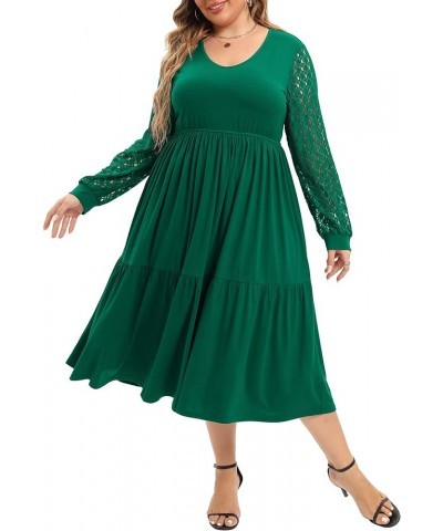 Womens Plus Size Dresses Long Lace Sleeve Empire Waist Swing Flowy A-line Midi Dress Blackish Green $17.86 Dresses