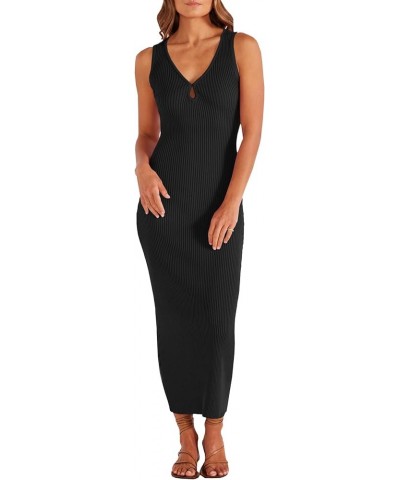 Womens Summer Casual Sweater Dress Ribbed Knit V Neck Sleeveless Bodycon Cocktail Midi Dress Black $21.00 Dresses