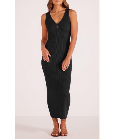 Womens Summer Casual Sweater Dress Ribbed Knit V Neck Sleeveless Bodycon Cocktail Midi Dress Black $21.00 Dresses