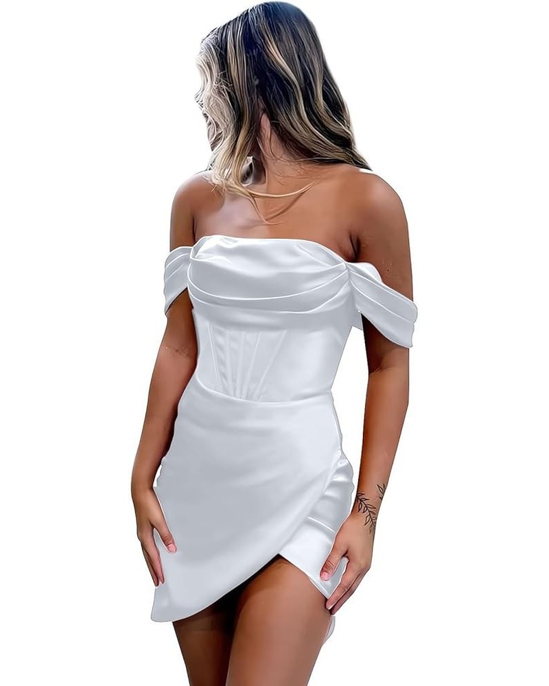 Off Shoulder Short Corset Homecoming Dresses Tight Satin Prom Dress for Teens Cocktail Party Gown 2023 Silver $18.90 Dresses