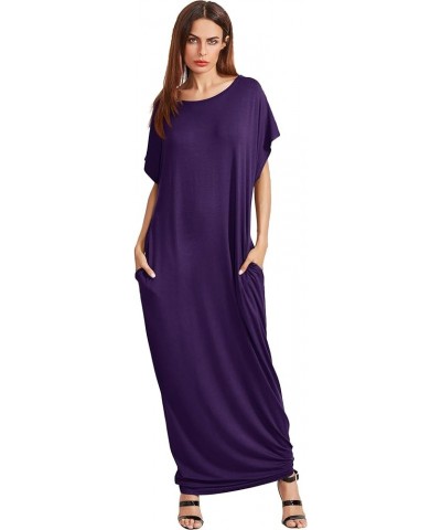 Women's Short Sleeve Loose Long Maxi Lounge Dress with Pockets Dark Purple $17.64 Dresses