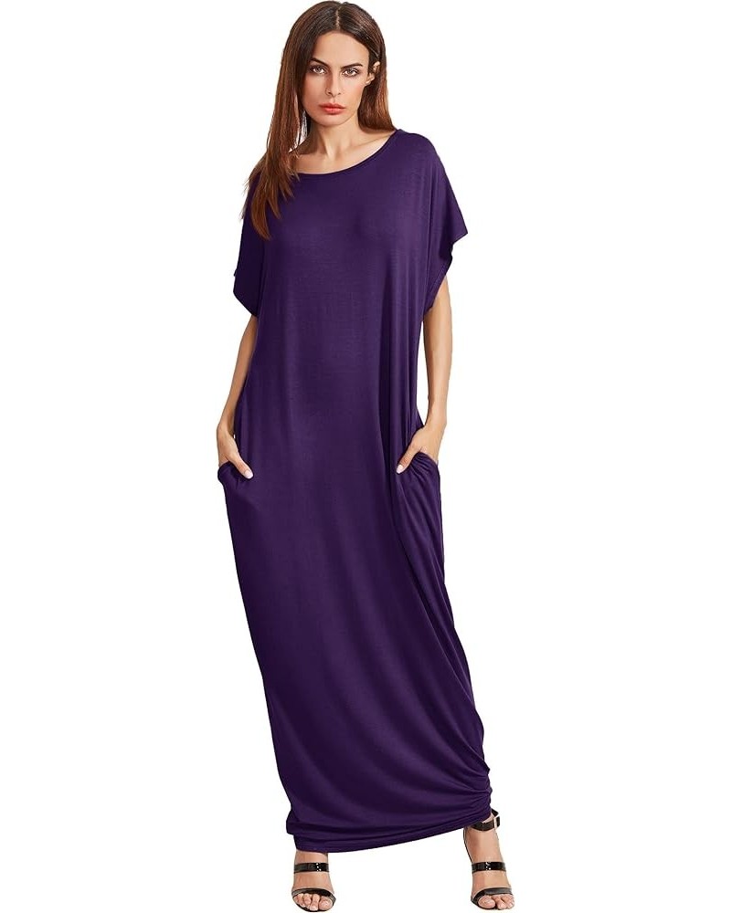 Women's Short Sleeve Loose Long Maxi Lounge Dress with Pockets Dark Purple $17.64 Dresses