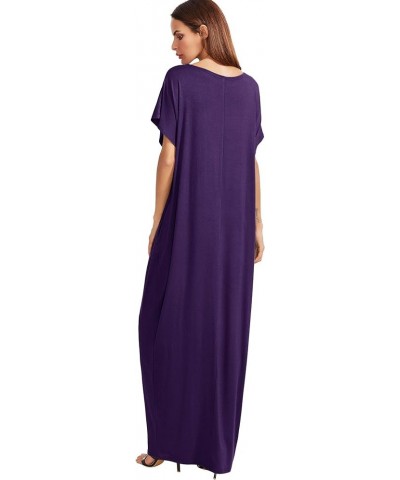 Women's Short Sleeve Loose Long Maxi Lounge Dress with Pockets Dark Purple $17.64 Dresses