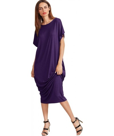 Women's Short Sleeve Loose Long Maxi Lounge Dress with Pockets Dark Purple $17.64 Dresses