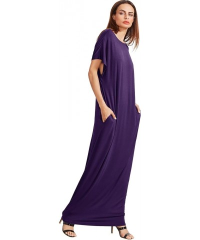 Women's Short Sleeve Loose Long Maxi Lounge Dress with Pockets Dark Purple $17.64 Dresses