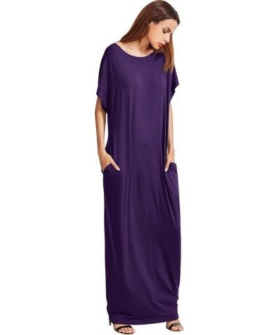 Women's Short Sleeve Loose Long Maxi Lounge Dress with Pockets Dark Purple $17.64 Dresses