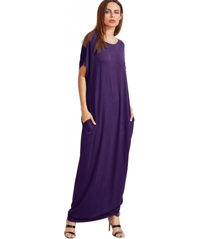 Women's Short Sleeve Loose Long Maxi Lounge Dress with Pockets Dark Purple $17.64 Dresses