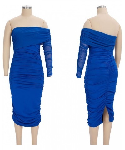 Women's Ruched One Shoulder Bodycon Dress Sexy Long Sleeve Mesh Midi Club Party Dress Blue $12.75 Dresses