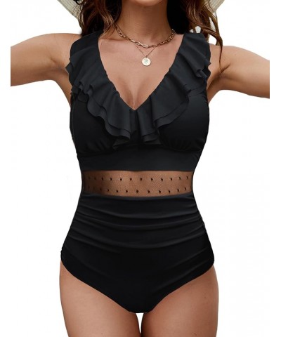 Womens Tummy Control One Piece Swimsuits V Neck Ruffle Sexy Bathing Suit Mesh Swimwear A-Solidcolor Black17 $11.69 Swimsuits