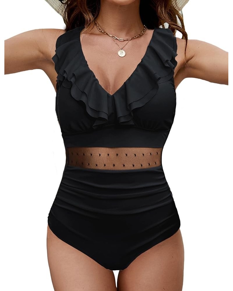 Womens Tummy Control One Piece Swimsuits V Neck Ruffle Sexy Bathing Suit Mesh Swimwear A-Solidcolor Black17 $11.69 Swimsuits