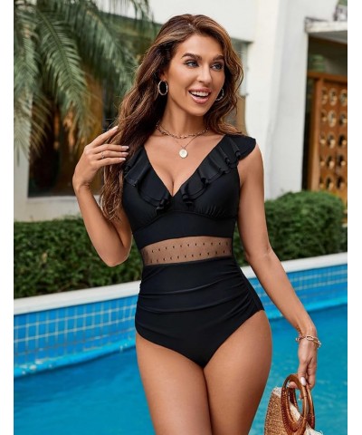 Womens Tummy Control One Piece Swimsuits V Neck Ruffle Sexy Bathing Suit Mesh Swimwear A-Solidcolor Black17 $11.69 Swimsuits