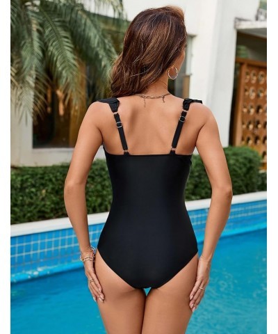 Womens Tummy Control One Piece Swimsuits V Neck Ruffle Sexy Bathing Suit Mesh Swimwear A-Solidcolor Black17 $11.69 Swimsuits