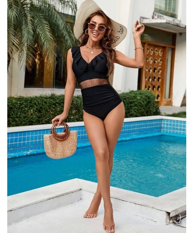 Womens Tummy Control One Piece Swimsuits V Neck Ruffle Sexy Bathing Suit Mesh Swimwear A-Solidcolor Black17 $11.69 Swimsuits