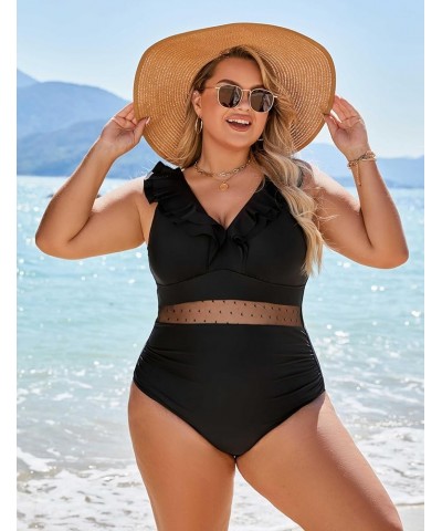 Womens Tummy Control One Piece Swimsuits V Neck Ruffle Sexy Bathing Suit Mesh Swimwear A-Solidcolor Black17 $11.69 Swimsuits