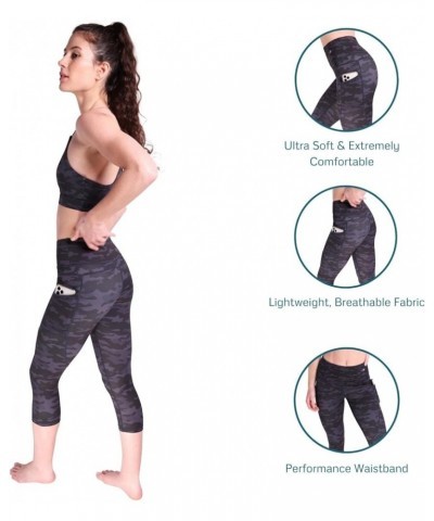 High Waisted Capri Leggings for Women Tummy Control - Workout Yoga Pants Camo Black W/ Pockets $21.65 Pants