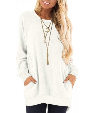 Women's Long Sleeve Round Neck Casual T Shirts Blouses Sweatshirts Tunic Tops with Pocket 01-white $13.24 Hoodies & Sweatshirts