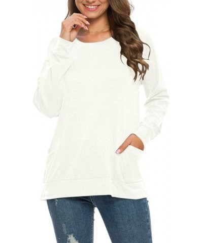 Women's Long Sleeve Round Neck Casual T Shirts Blouses Sweatshirts Tunic Tops with Pocket 01-white $13.24 Hoodies & Sweatshirts