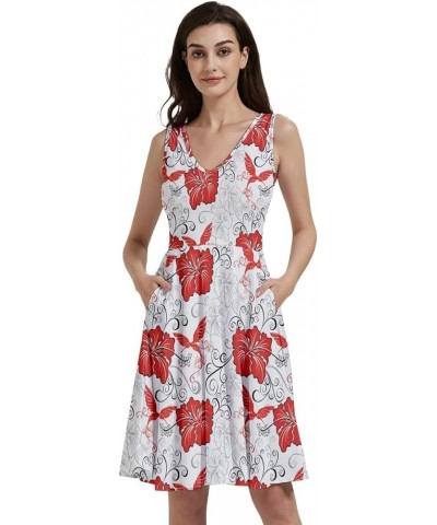 Womens Skater Dress with Pockets Hibiscus Hawaii Floral Summer Tropical Leafs Plumeria V-Neck Dress, XS-5XL Red White $14.85 ...
