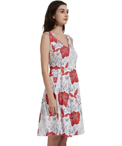 Womens Skater Dress with Pockets Hibiscus Hawaii Floral Summer Tropical Leafs Plumeria V-Neck Dress, XS-5XL Red White $14.85 ...