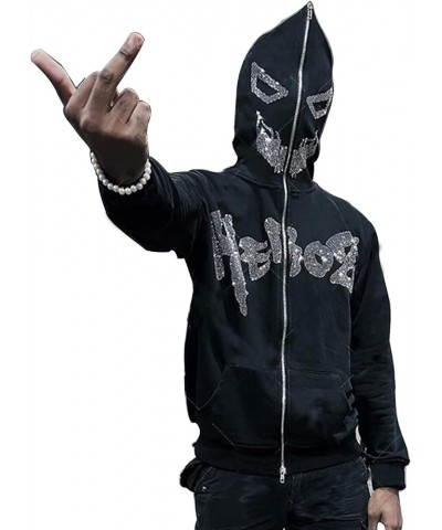 Womens Men Rhinestone Skeleton Hoodies Y2k Full Zip Up Over Face Gothic Skull Graphic Printed Oversized Jacket 9--cool Black ...