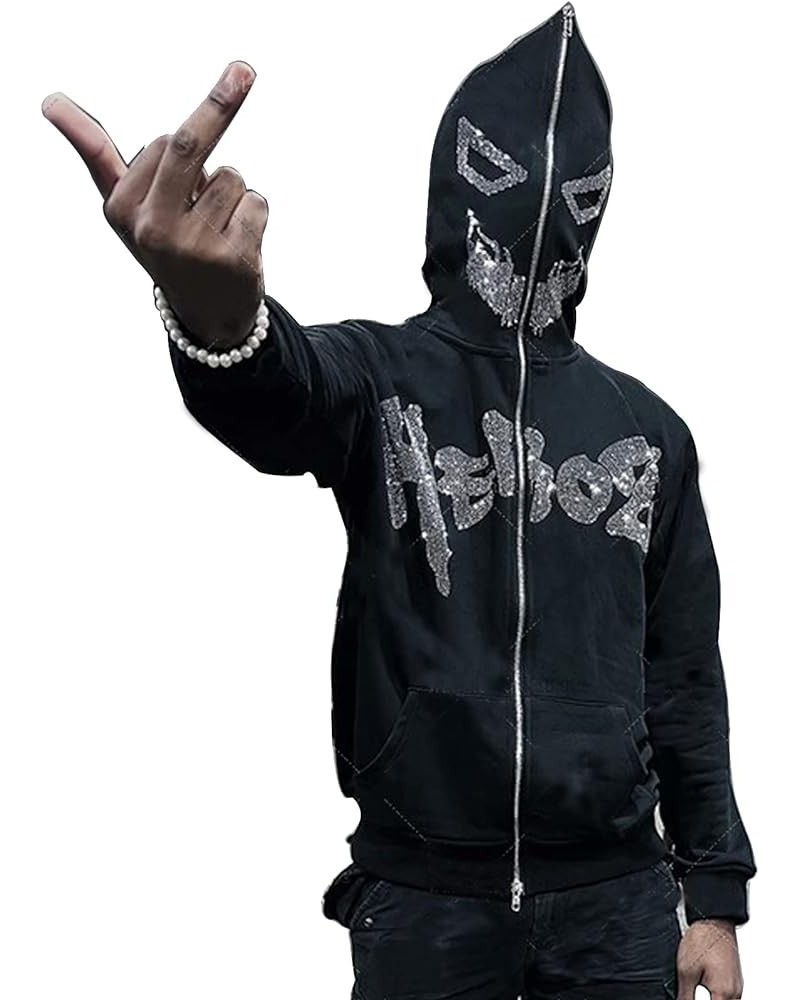 Womens Men Rhinestone Skeleton Hoodies Y2k Full Zip Up Over Face Gothic Skull Graphic Printed Oversized Jacket 9--cool Black ...