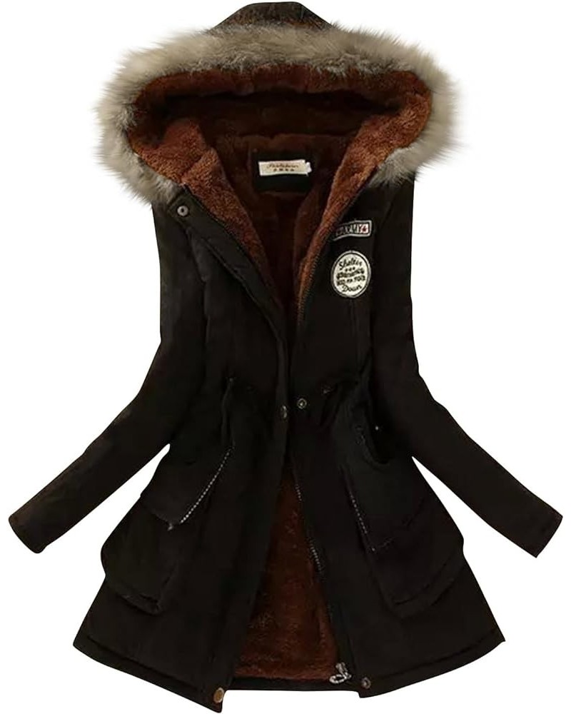 Women's Parka Jacket Winter Thicken Warm Faux Fur Coats Plus Size Fleece Lined Windbreaker Jacket Overcoat with Hood J-black ...