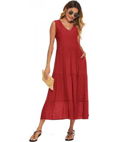 Women's Summer Casual Maxi Dresses Flowy Ruffle Boho Long Dresses with Pockets C-red $25.64 Dresses