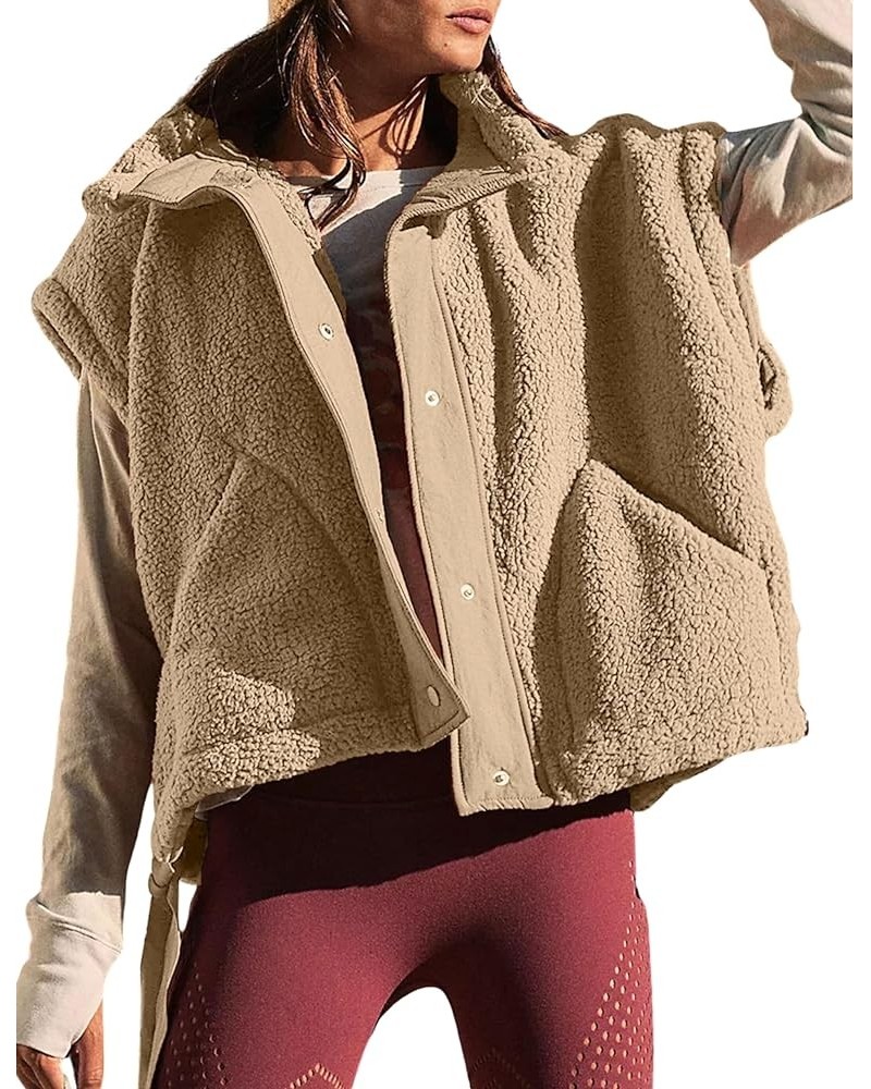 Women's Oversized Fleece Vest Sleeveless Casual Button Down Piecing Fuzzy Sherpa Gilet Jacket with Pockets Khaki $25.36 Vests